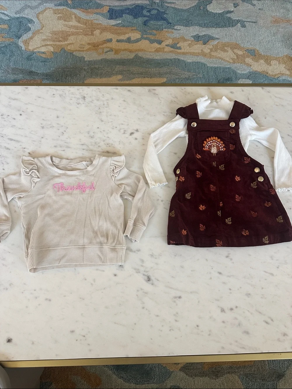 Girls Corduroy Pinafore Dress with Cream Top and thankful top bundle